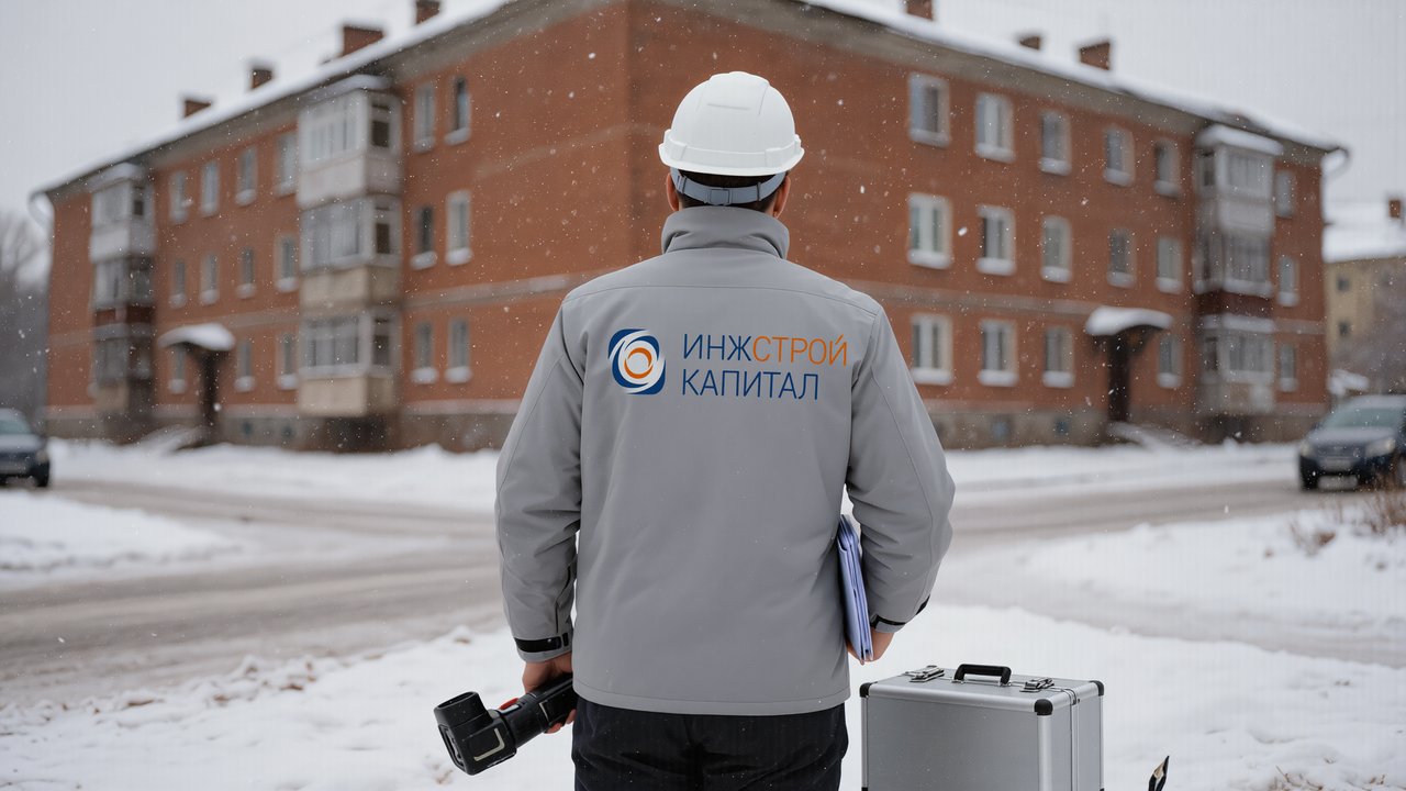 Инженер с тепловизором перед фасадом здания
