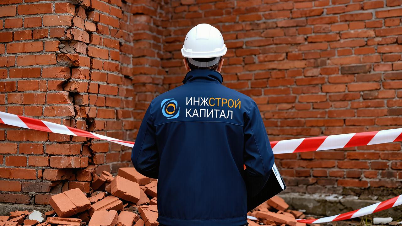 Обследование повреждённой кирпичной кладки за сигнальной лентой
