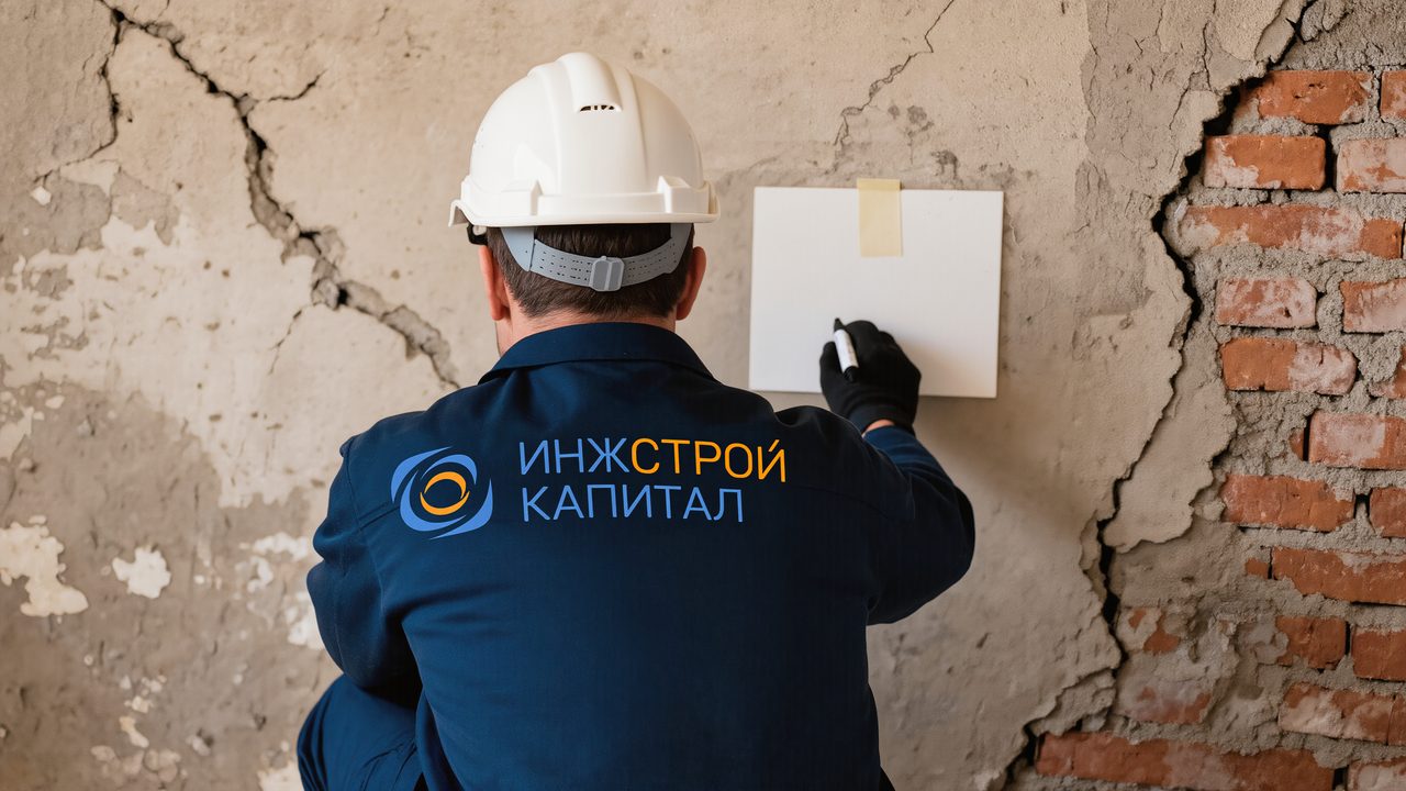 Гипсовый маяк на трещине стены при обследовании дефектов
