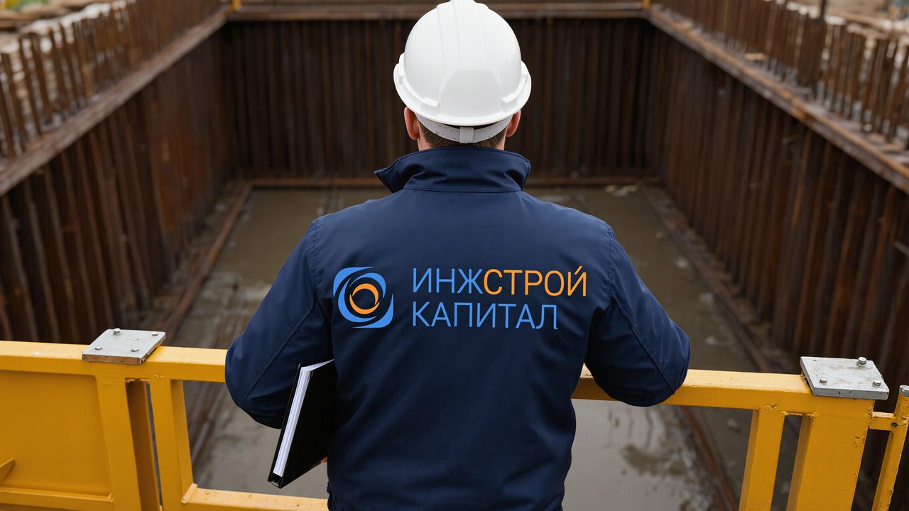 Инженер у ограждения котлована со шпунтовыми стенами