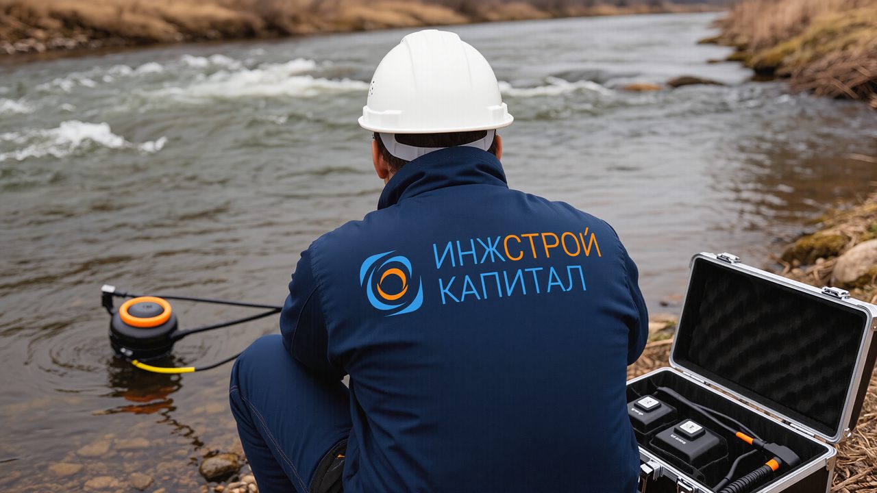 Гидрометрический замер у водотока с приборным кейсом
