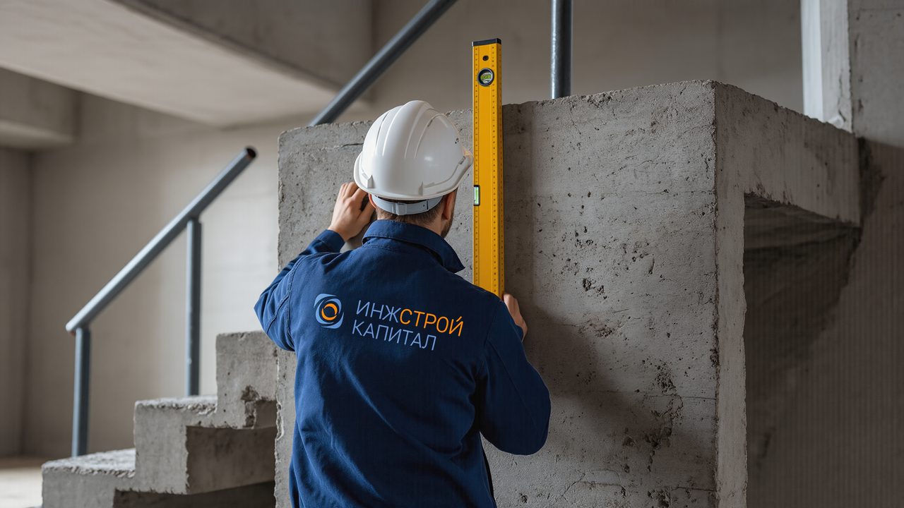 Проверка лестничного марша строительным уровнем