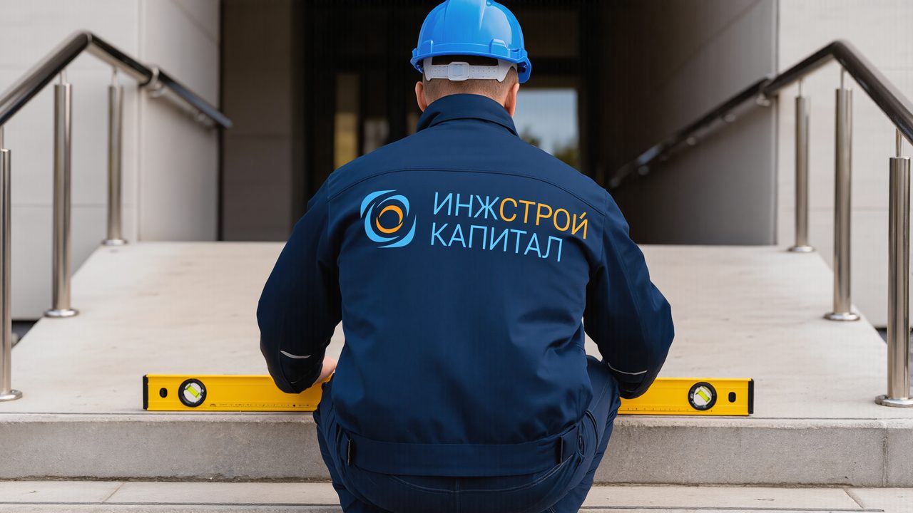 Проверка уклона пандуса уровнем у входа в здание