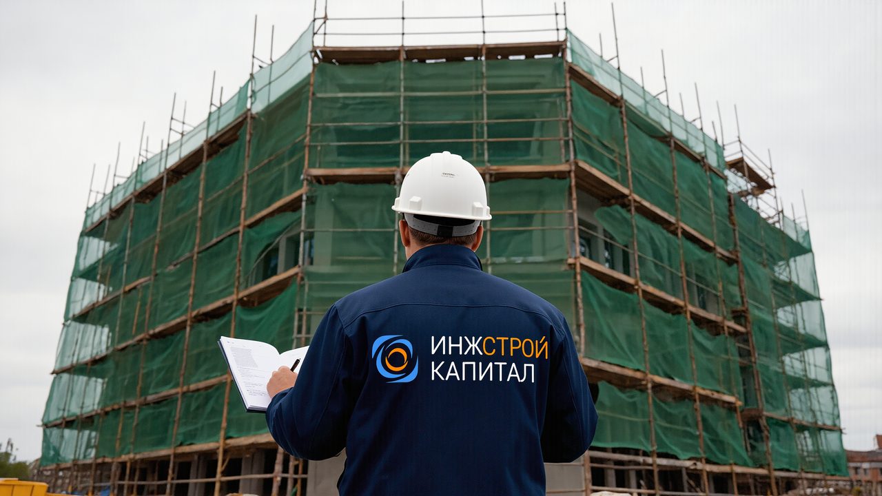 Здание в строительных лесах, инженер с журналом обследования
