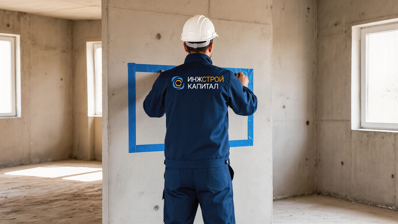 Разметка будущего проёма малярной лентой на стене квартиры без отделки
