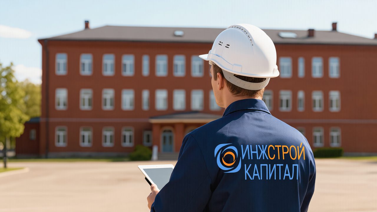 Инженер с планшетом перед фасадом школы при обследовании
