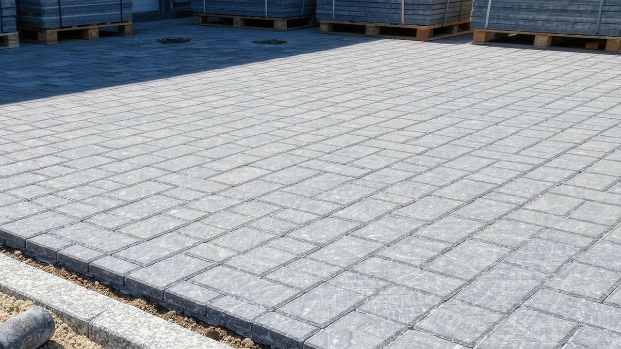 Свежеуложенная тротуарная плитка и бордюр при благоустройстве двора