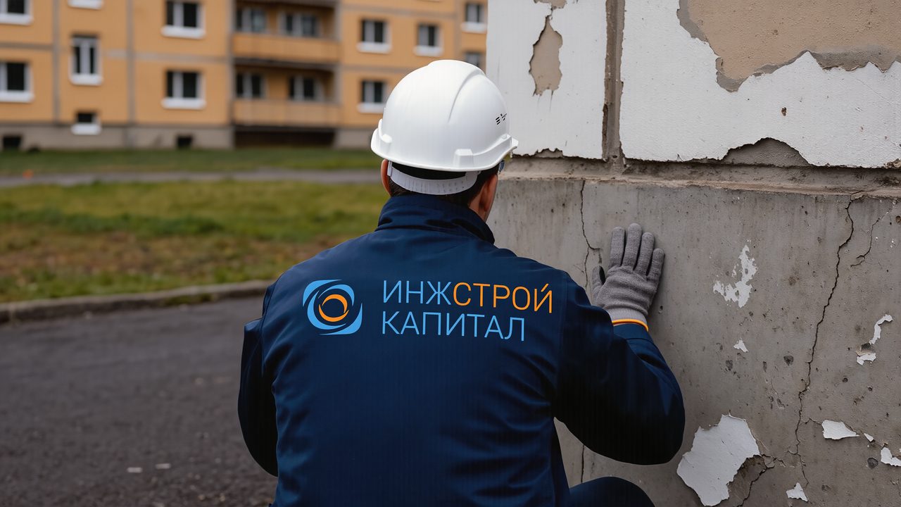 Осмотр отслоений штукатурки фасада МКД во дворе