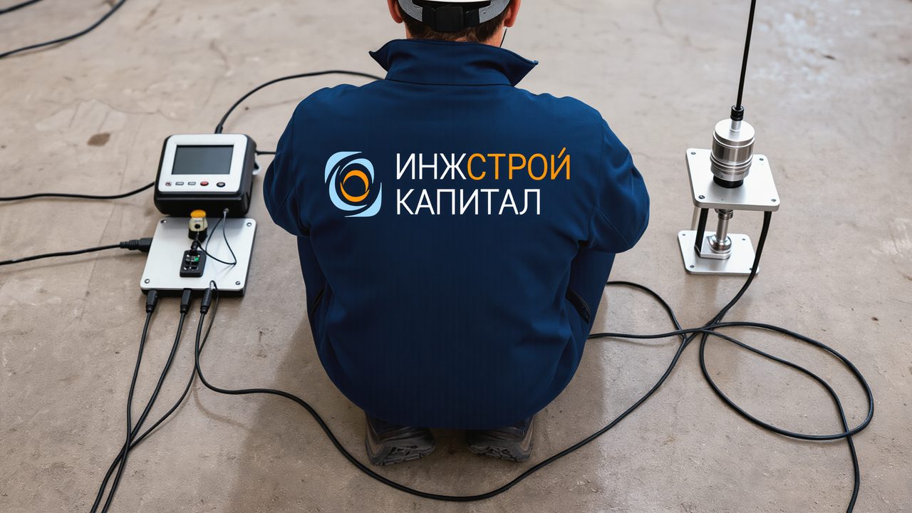 Установка вибродатчика на бетонное перекрытие с виброметром