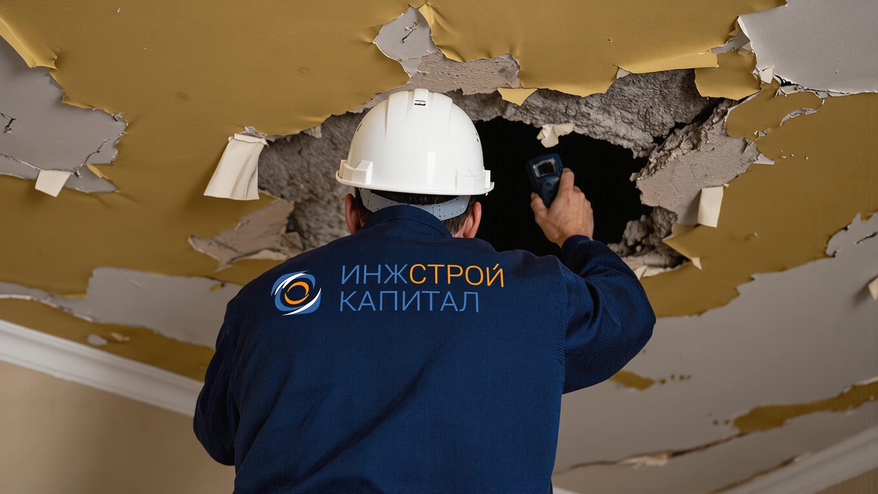 Фиксация потёков и отслоений на потолке после залива