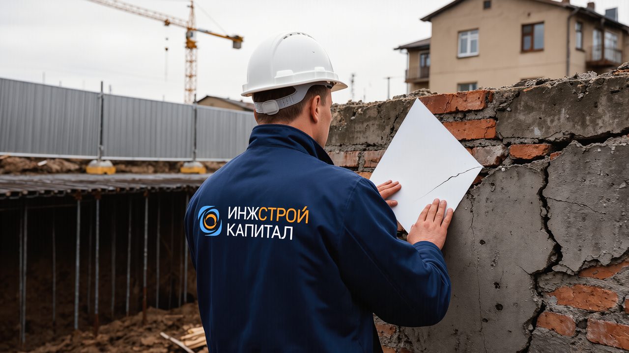 Инженер устанавливает маяк на трещину здания рядом с котлованом строительства
